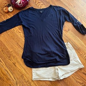 Nautica navy blue 3/4 roll sleeve knit top, size M